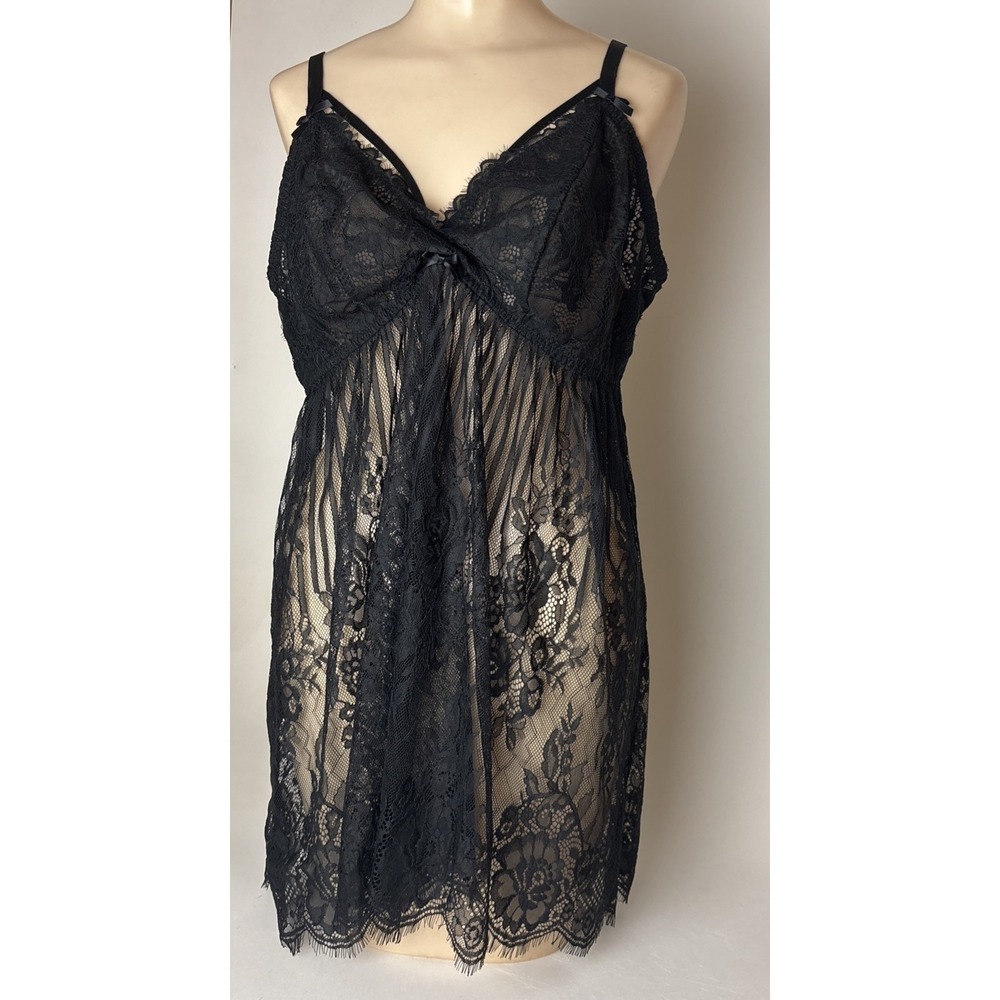 New Cacique Black Floral Babydoll Lingerie Lace Mini Dress Size 18/20 plus thong